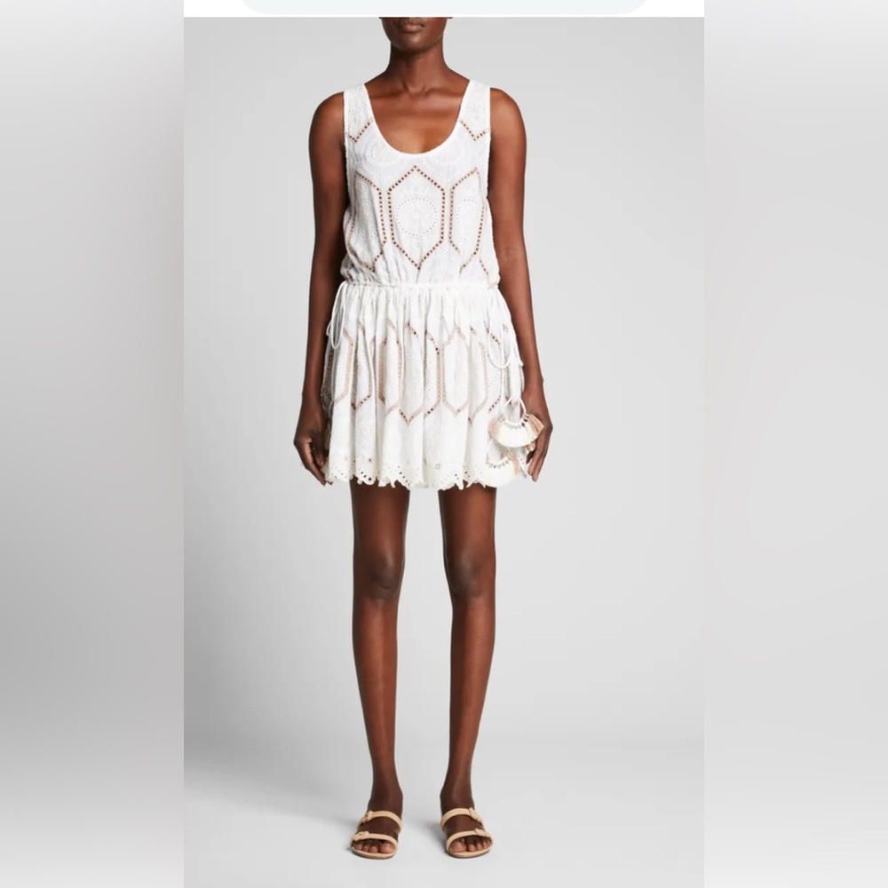 RAMY BROOK Alta Eyelet-Embroidered Belted Mini Dress w/ Tassel Detail M
